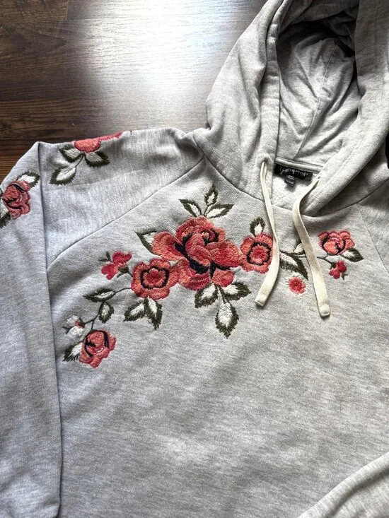 Topshop Flower Embroidered Hooded Sweatshirt - Lightweight - Size S - Picture 2 of 7